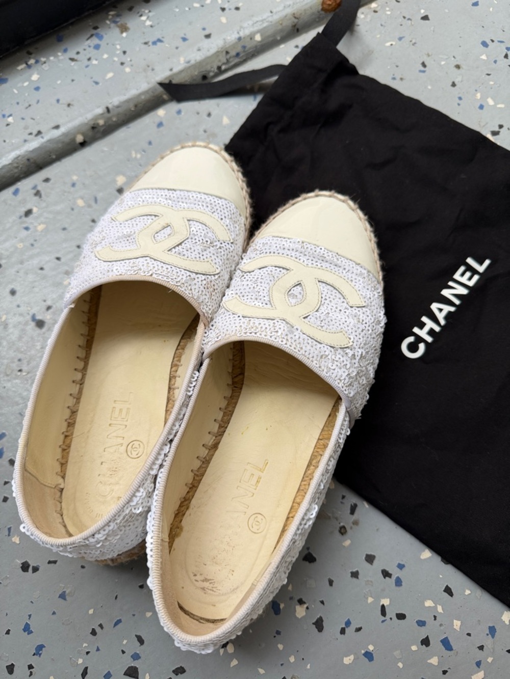 CHANEL Cream and White Sequined Espadrille Flats - Picture 4 of 14